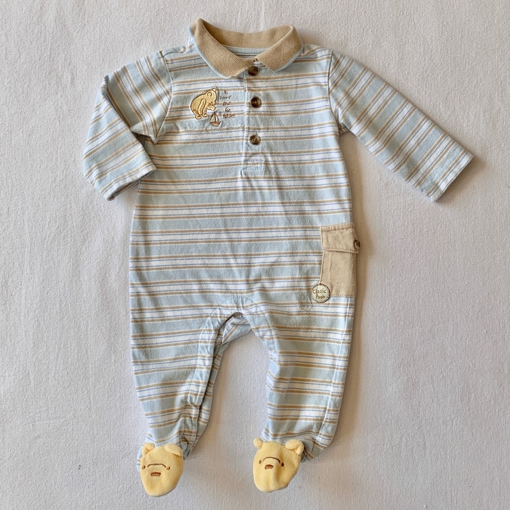 Disney Classic Pooh Embroidered Sailboat Blue & Tan One Piece Sleeper Romper 6M